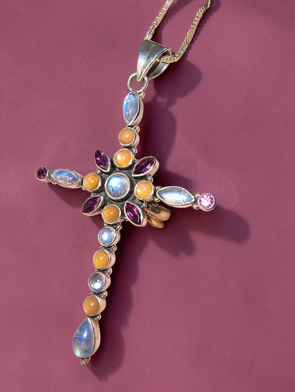 Nicky Butler Sterling Silver Multi Moonstone & Garnet Cross Pendant Necklace